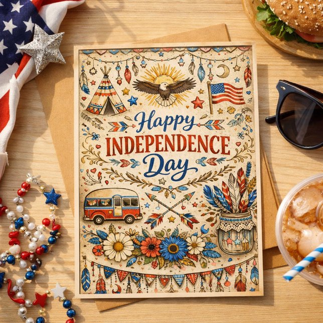 Cartão De Festividades Boho Happy Independence Day Americana (Criador carregado)