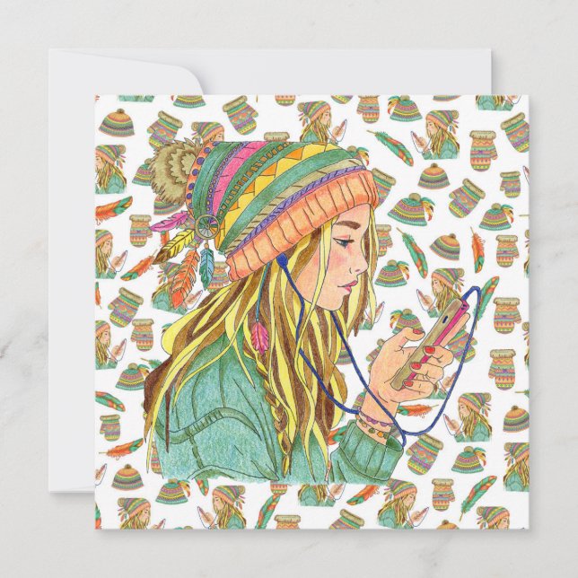 Cartão De Festividades Boho Hat Girl Flat Card (Frente)