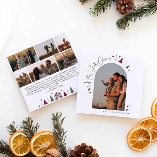 Cartão De Festividades Boho Hearts Arch Holly Jolly Christmas Seven Photo (Criador carregado)