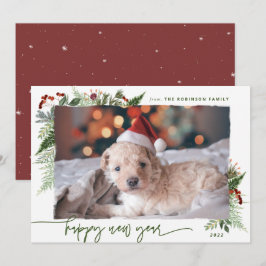 Cartão De Festividades Boho Moderno Verde Burgundy Foto de Ano Novo