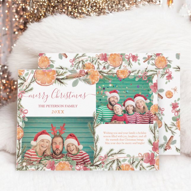 Cartão De Festividades Boho Orange pine branch 2 fotos Feliz Natal (Boho Oranges pine branch 2 photos Merry Christmas Holiday Card)