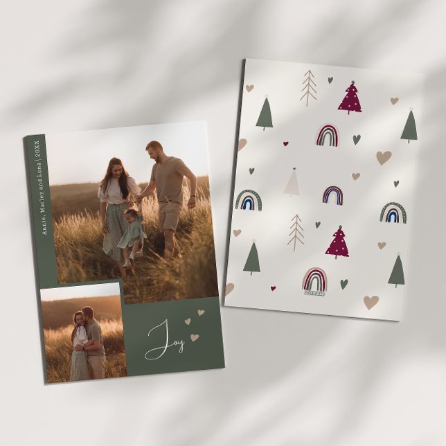 Cartão De Festividades Boho Rainbow & Heart Joy Two Photo Christmas (Criador carregado)