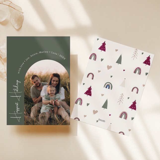 Cartão De Festividades Boho Rainbow & Hearts Arch Green Photo Happiest (Criador carregado)