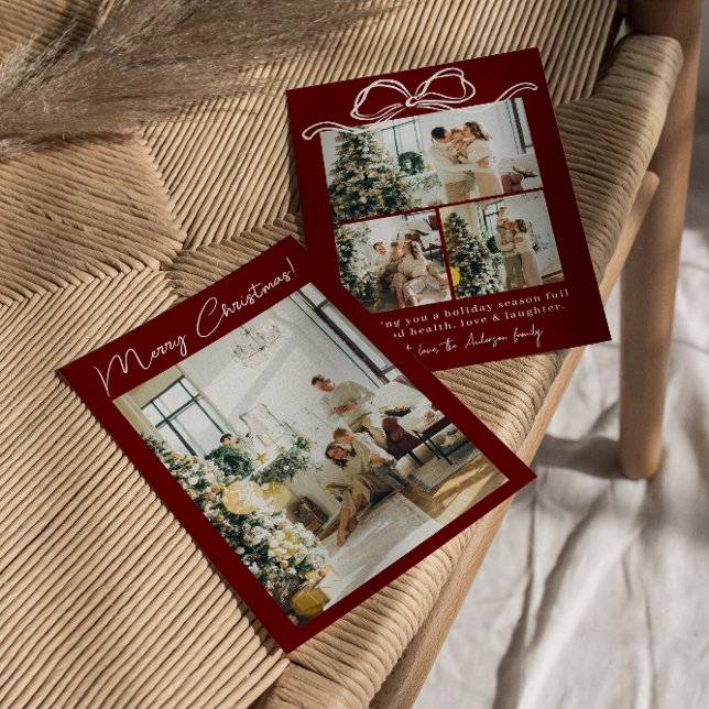 Cartão De Festividades Boho Red Maroon Foto Friso Na moda Natal (Criador carregado)