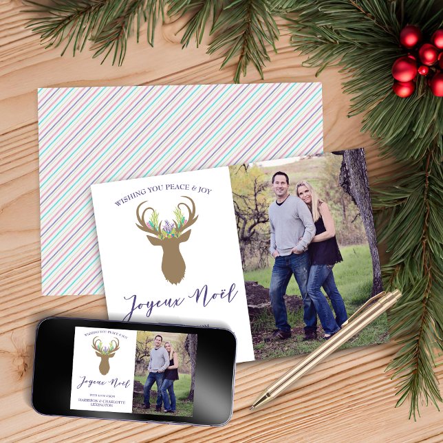 Cartão De Festividades Boho Reindeer de Natal Francês Joyeux Noel Photo (French Christmas Reindeer Joyeux Noel Photo Holiday Card)