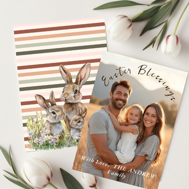 Cartão De Festividades Boho Stripes Páscoa Pastel Foto (Boho Stripes Pastel Easter Photo Holiday Card)
