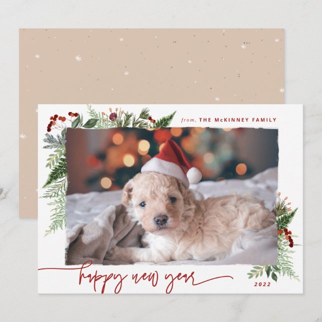 Cartão De Festividades Boho Verdura Borgonha Bege Ano Novo 2022 (Frente/Verso)