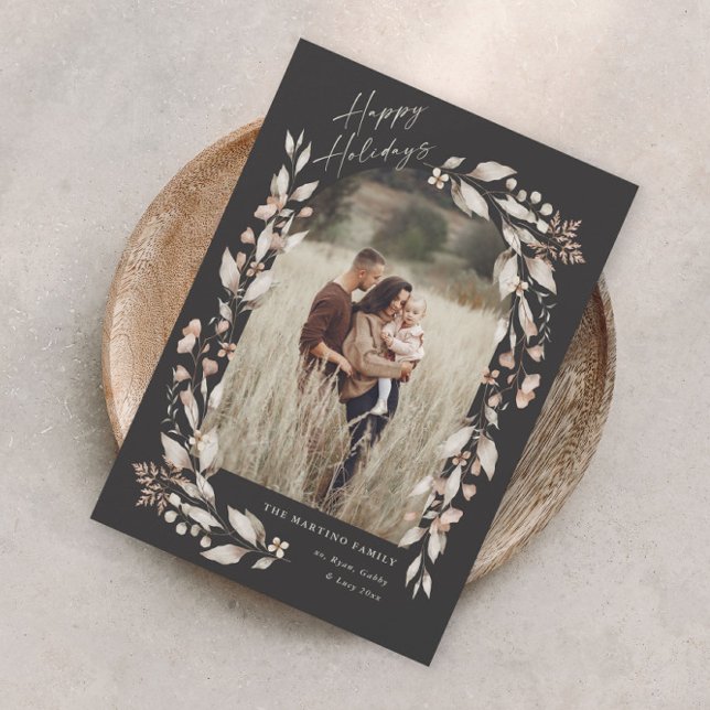 Cartão De Festividades Boho Wildflower Arch - Natal (Boho wildflower arch photo holiday card with elegant happy holidays script.)