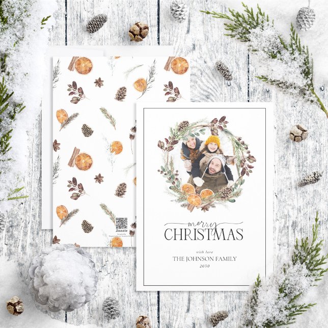 Cartão De Festividades Boho Winter Citrus Wreath Merry Christmas Photo Ho (Criador carregado)