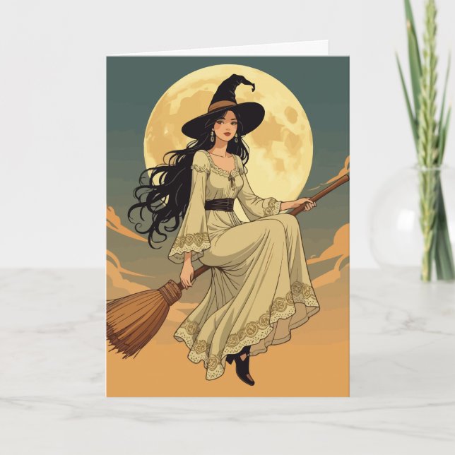 Cartão De Festividades Boho Witchy Astride A Besom Vetor Art (Frente)