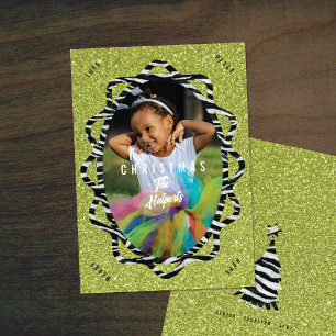 Cartão De Festividades Boho Zebra e Green Glitter Foto de Natal