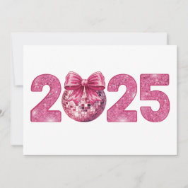 Cartão De Festividades Bola de Discoteca Ano Novo Feliz 2025 Laço Rosa