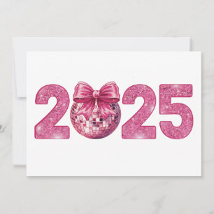 Cartão De Festividades Bola de Discoteca Ano Novo Feliz 2025 Laço Rosa