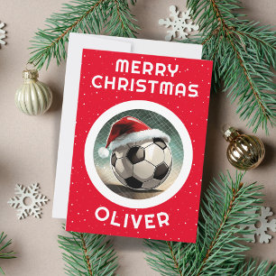 Cartão De Festividades Bola de Futebol Chapéu de Papai Noel Vermelho Nome