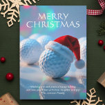 Cartão De Festividades Bola de Golfe de Natal Festiva com Foto de Santa H<br><div class="desc">Cartão de cartões de natal bonito com bolas de golfe, uma com chapéu de Santa, sobre fundo holográfico. Deseje aos seus amigos e família o mais quente das férias com uma dica do seu esporte favorito - golfe. ❊ ❊ facilmente personalizado. Entretanto, entre em contato para obter assistência na personalização...</div>