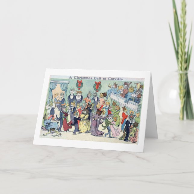 Cartão De Festividades Bola de Natal em Catville, Louis Wain (Frente)