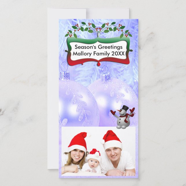 Cartão De Festividades Bolas de Natal Azuis, Neve, Árvores, Holly (Frente)