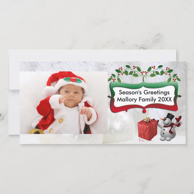 Cartão De Festividades Bolas de Natal Brancas, Neve, Árvores, Holly (Frente)