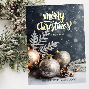 Cartão De Festividades Bolas de Natal Neve Cinza Empresa de Natal
