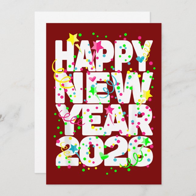 Cartão De Festividades Bold 2026 New Year Greeting in Red with Confetti  (Frente/Verso)
