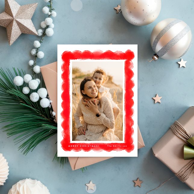 Cartão De Festividades bold modern red RETRO christmas photo frame (Criador carregado)