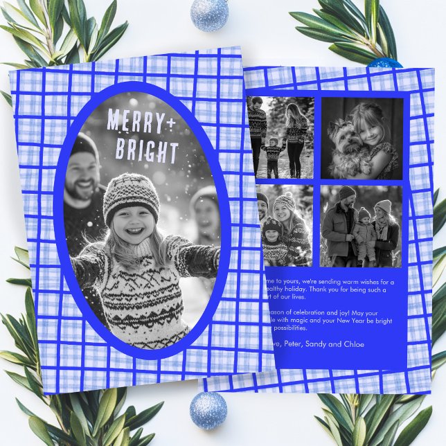 Cartão De Festividades Bold Plaid Gingham Christmas Custom Photo Collage (Bold Plaid Gingham BLue Christmas Custom Photo Collage Holiday Card
)
