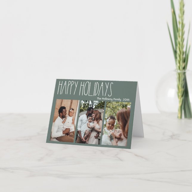 Cartão De Festividades Bolinhas Verde de Três Fotos Dobrada (Frente)