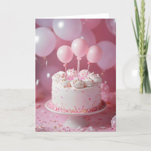 Cartão De Festividades Bolo de Aniversário Doce Balões Rosa