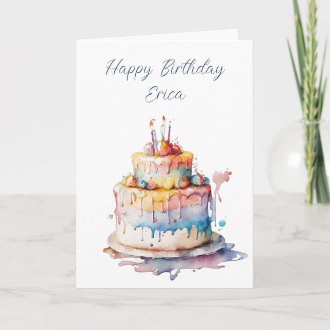 Cartão De Festividades Bolo de Birthday com Aquarela Personalizada (Frente)