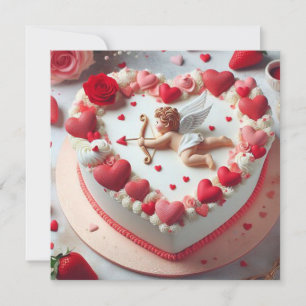 Cartão De Festividades Bolo de Coração em Forma de Cupido no Dia dos Namo