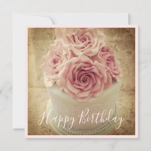 Cartão De Festividades Bolo de Rosa de aniversário Feliz e Bonito Vintag