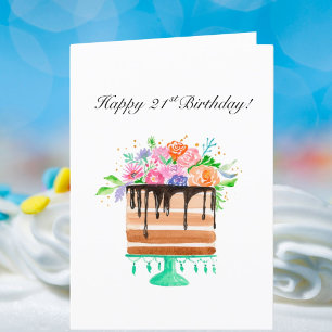 Cartão De Festividades Bolo Floral Aquarela Feliz 21º Aniversário