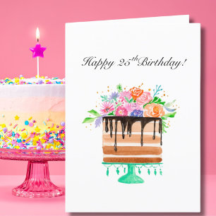 Cartão De Festividades Bolo Floral Aquarela Feliz 25º Aniversário 