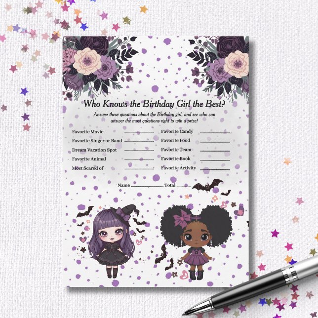 Cartão De Festividades Bolsa de Aniversário Gótica de Spooky Trívia (Spooky Gothic Birthday girl Trivia Game card)