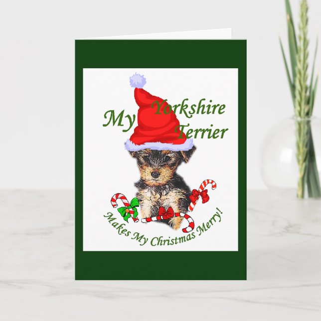 Cartão De Festividades Bolsas de Natal de Yorkshire Terrier (Frente)