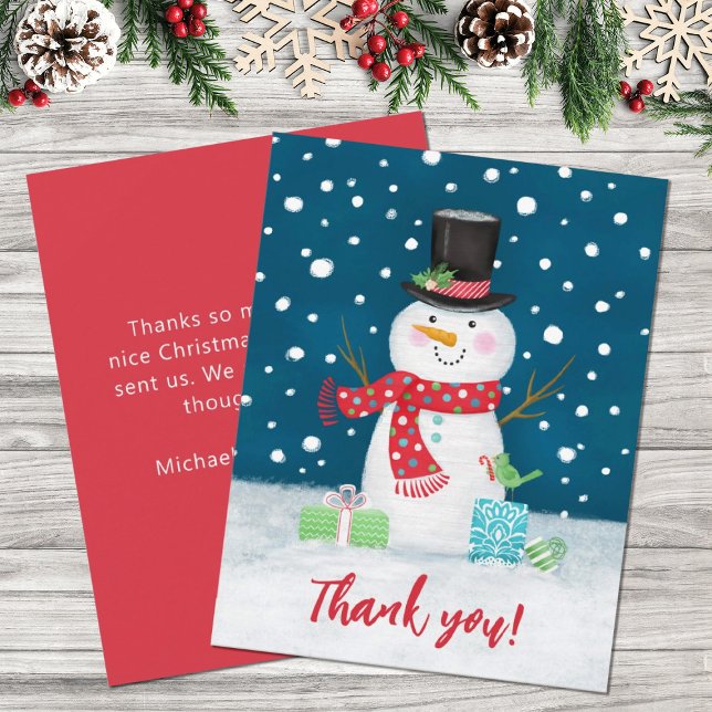 Cartão De Festividades Bom inverno Snowman Natal Obrigado (A cute, festive Christmas holiday snowman thank you card.)