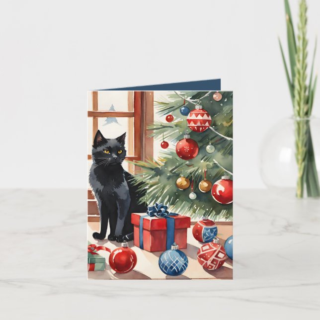 Cartão De Festividades Bomba de Natal Meowy Cat Watercolor (Frente)