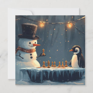 Cartão De Festividades Boneco de Neve Adorável e Pinguim Jogando Xadrez