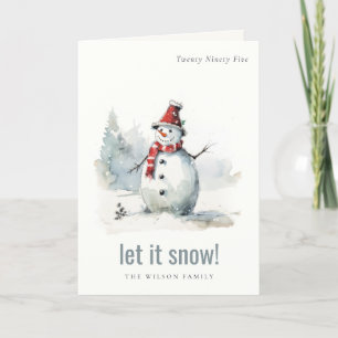 Cartão De Festividades Boneco de Neve Aquarela Fofa Deixe Nevar Natal