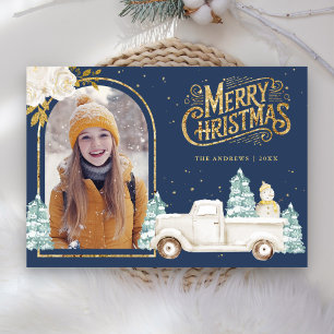 Cartão De Festividades Boneco de Neve Caminhão Branco Dourado Foto de Nat