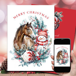 Cartão De Festividades Boneco de neve de cavalo Natal aquarela elegante