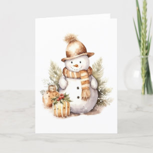 Cartão De Festividades Boneco de Neve de Inverno com Presentes, Azevinho