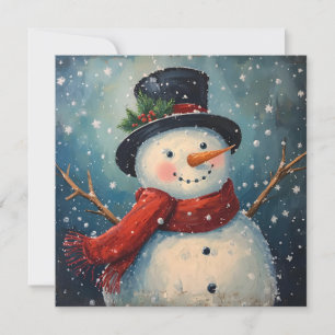 Cartão De Festividades Boneco de Neve de Natal com Chapéu e Cachecol Vint