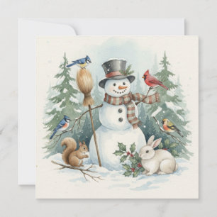 Cartão De Festividades Boneco de Neve de Natal e Pássaros da Floresta, An