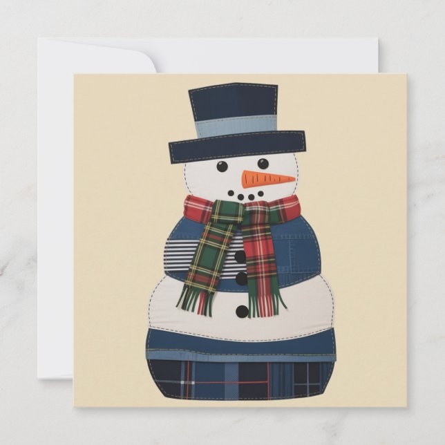 Cartão De Festividades Boneco de Neve de Patchwork Falso Férias de Natal (Frente)