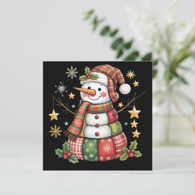Cartão De Festividades Boneco de Neve de Patchwork Retrô Natal Alegre Coq (Em pé/Frente)