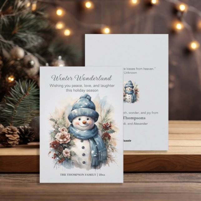 Cartão De Festividades Boneco de Neve do Inverno Maravilhoso Azul Poeiren (Snowman Winter Wonderland custom Christmas greeting card )