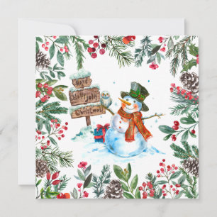 Cartão De Festividades Boneco de Neve em Aquarela Feliz Natal