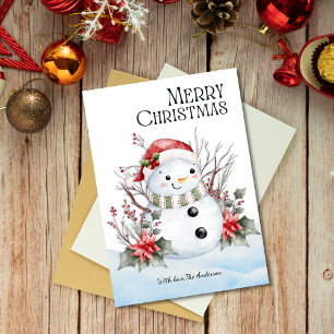 Cartão De Festividades Boneco de Neve em Aquarela Fofa com Chapéu de Papa