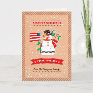 Cartão De Festividades Boneco de Neve Engraçado com Bandeira dos EUA. Nat